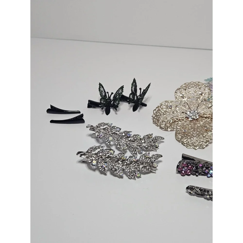 Vintage Hair Barrettes Clips Lot 21pc Huge Rhinestone Pearl Butterfly Floral Set